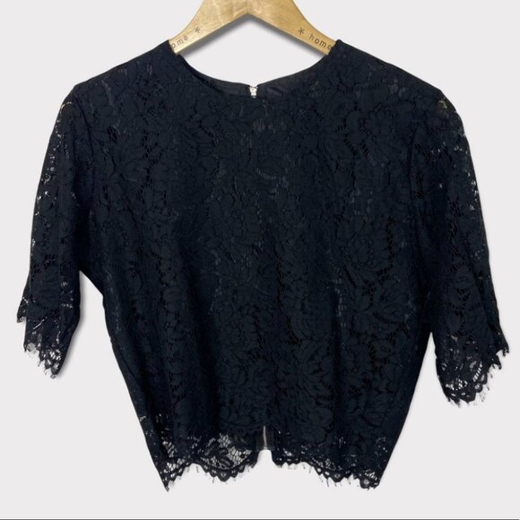 Oyamiki Short Sleeve Black Lace Crew Neck Blouse Top Size Large Romantic Boho L - Picture 2 of 14